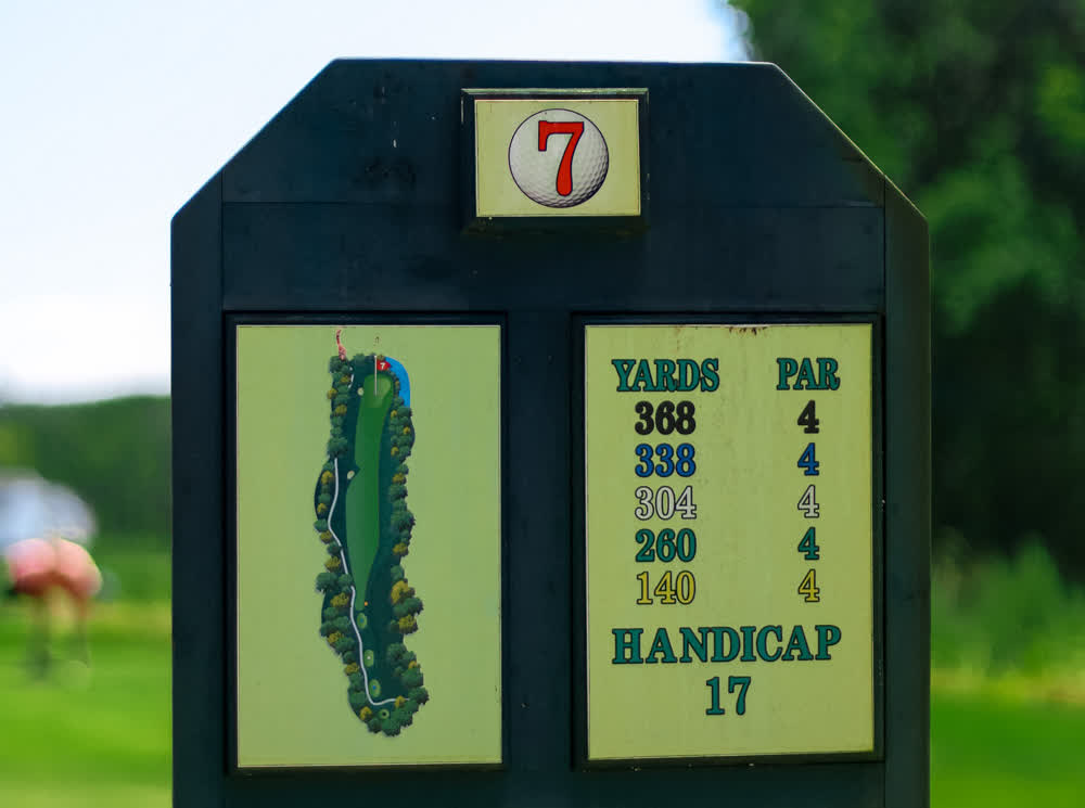 The par-4 seventh — 368 yards from the tips, stroke index 17